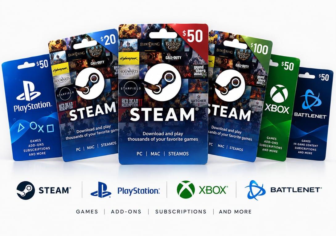 Battle.net, PlayStation, Xbox, Steam and other gift card choices