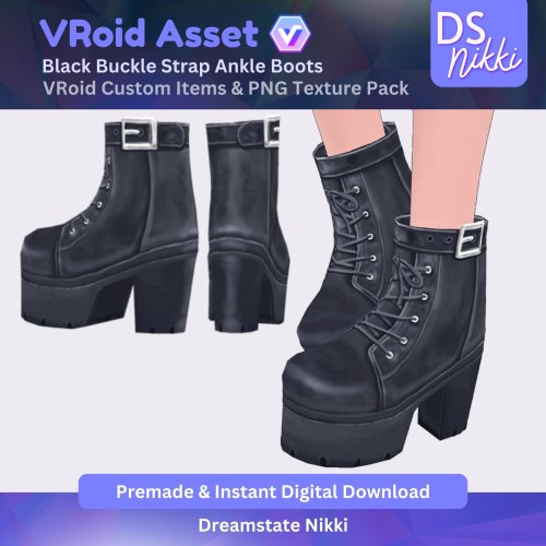 More information about "VRoid Studio Outfit – Stylish Black Buckle Strap Ankle Boots, VRoid Custom Items & PNG Textures Pack, VTuber Clothes, Digital Asset"