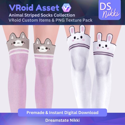 More information about "VRoid Studio Outfit – Kawaii Animal Striped Socks Set, VRoid Custom Items & PNG Textures Pack, VTuber Clothes, Digital Asset"