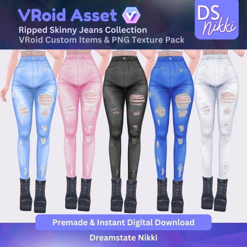 More information about "VRoid Studio Outfit – Stylish Ripped Skinny Jeans, VRoid Custom Items & PNG Textures Pack, VTuber Clothes, Digital Asset"